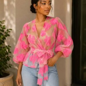 Pink Floral Organza Wrap Top