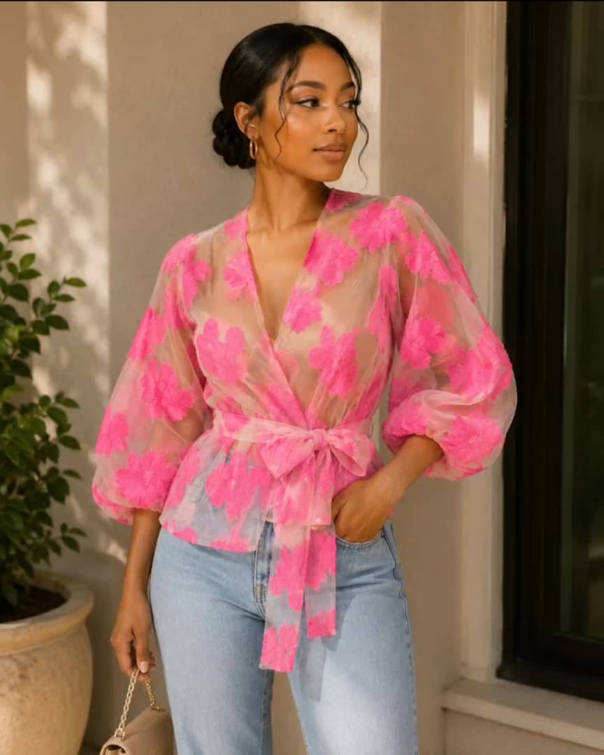 Pink Floral Organza Wrap Top