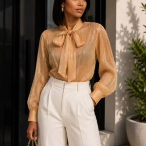 Gold Shimmer Bow-Tie Blouse