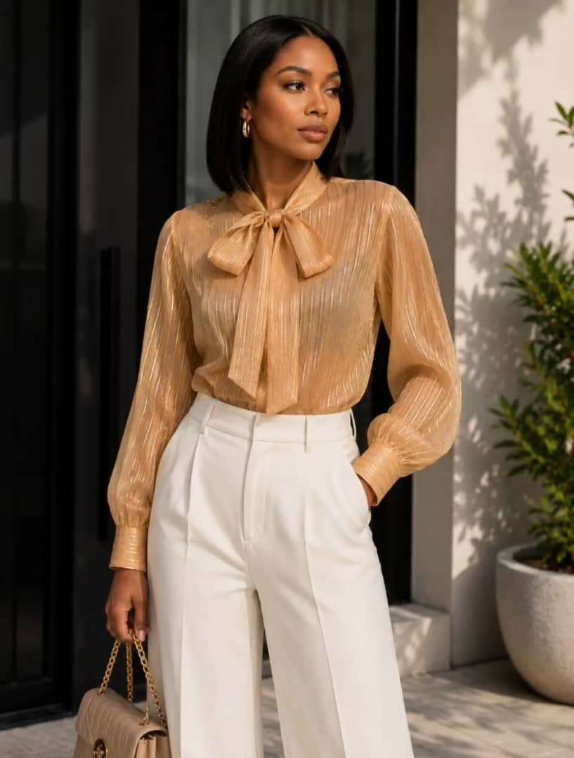 Gold Shimmer Bow-Tie Blouse